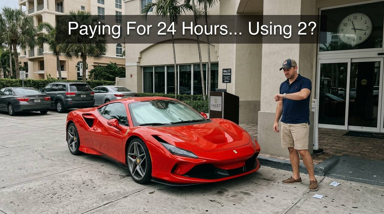 Red Ferrari F8 Tributo at luxury hotel valet with humorous caption about hourly costs