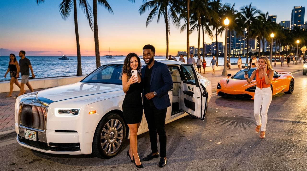 White Rolls-Royce Phantom and orange McLaren 570S at Miami Beach beachfront during golden hour sunset