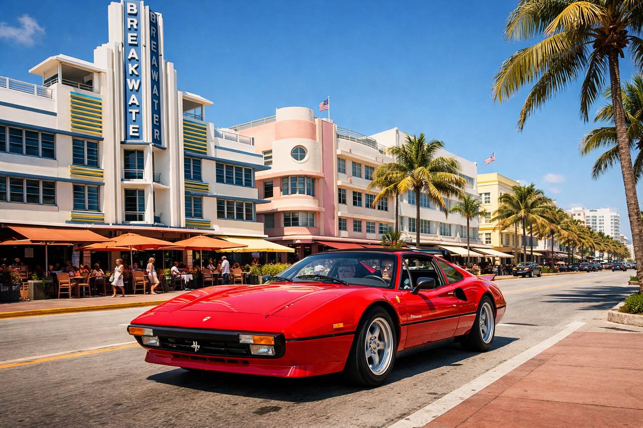 Classic red Ferrari parked in front of pastel Art Deco buildings on Miami Beach