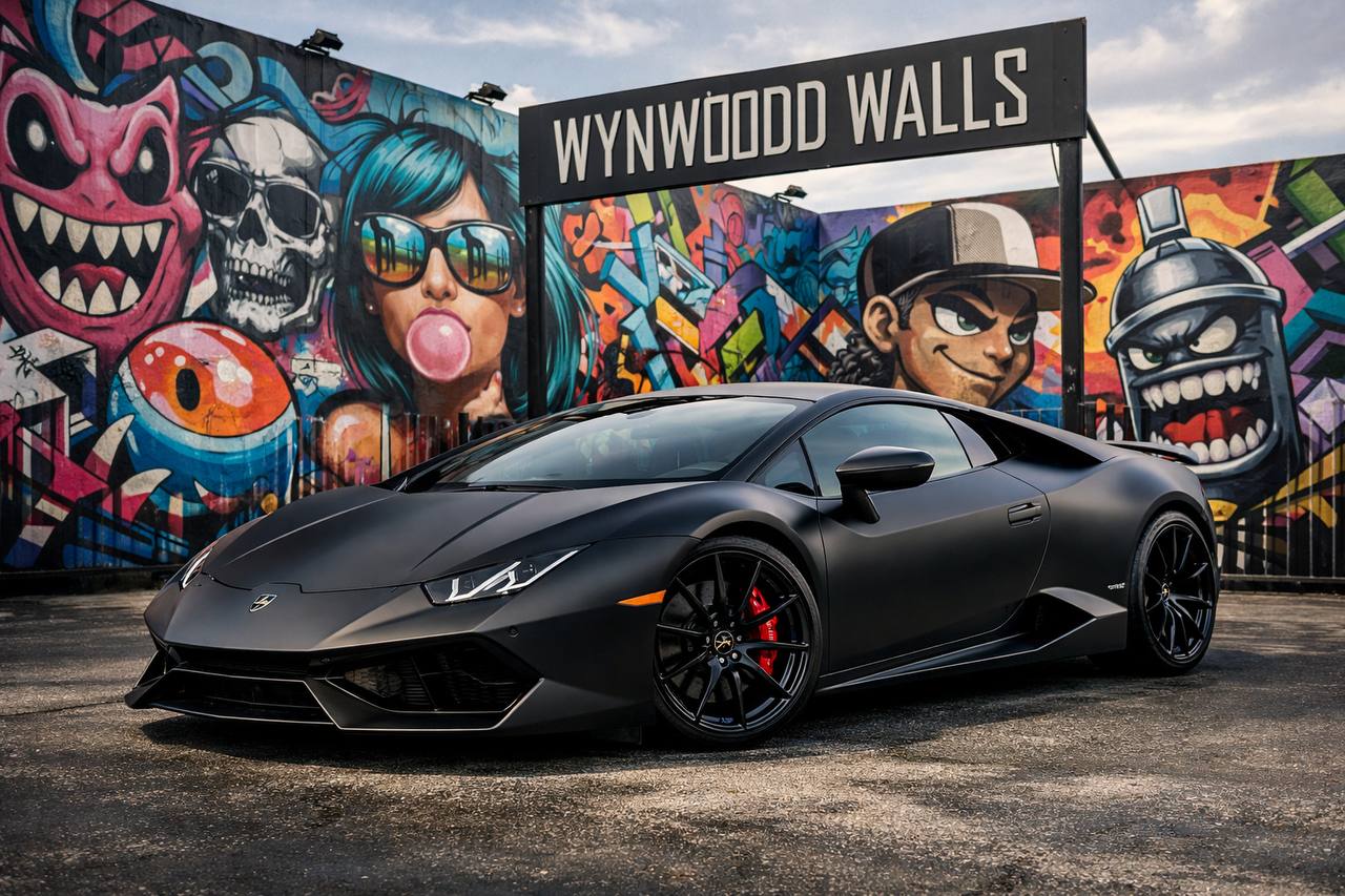 Black Lamborghini parked in front of massive colorful graffiti murals