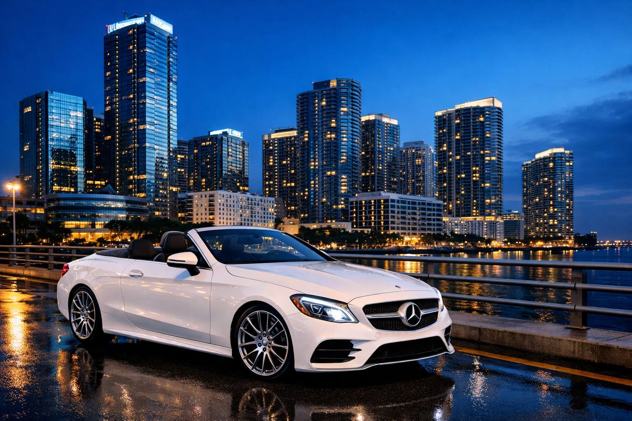 White luxury Mercedes convertible in front of Brickell's modern high-rise buildings