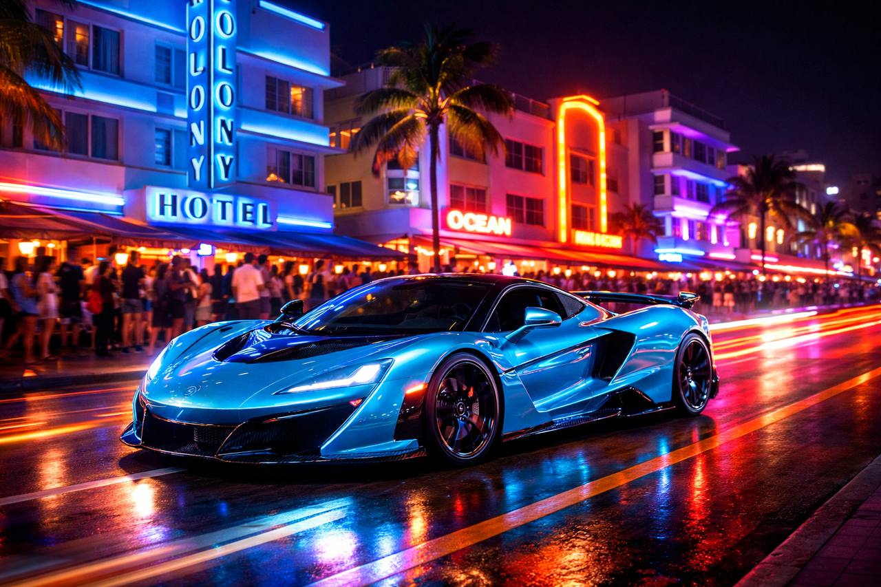 Bright blue McLaren supercar cruising South Beach at night with neon lights and crowds