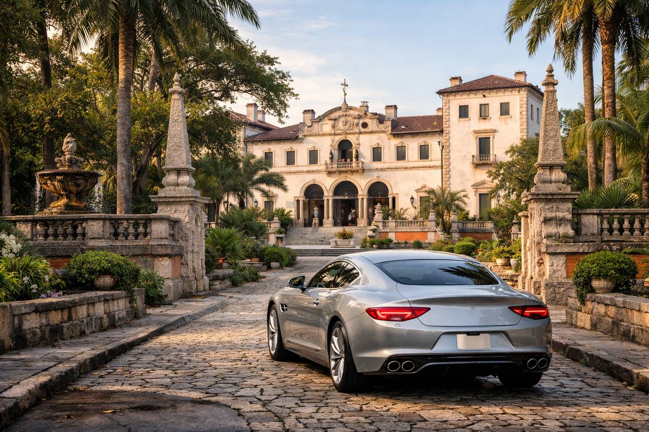 Silver Ferrari parked in front of Vizcaya's elegant Renaissance-inspired mansion