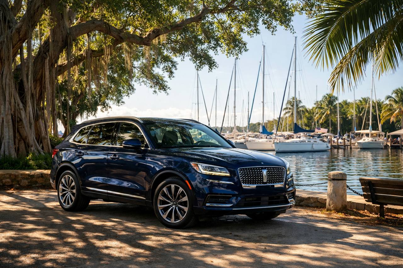 Luxury Lincoln sedan parked under ancient banyan trees with sailboats and waterfront in background