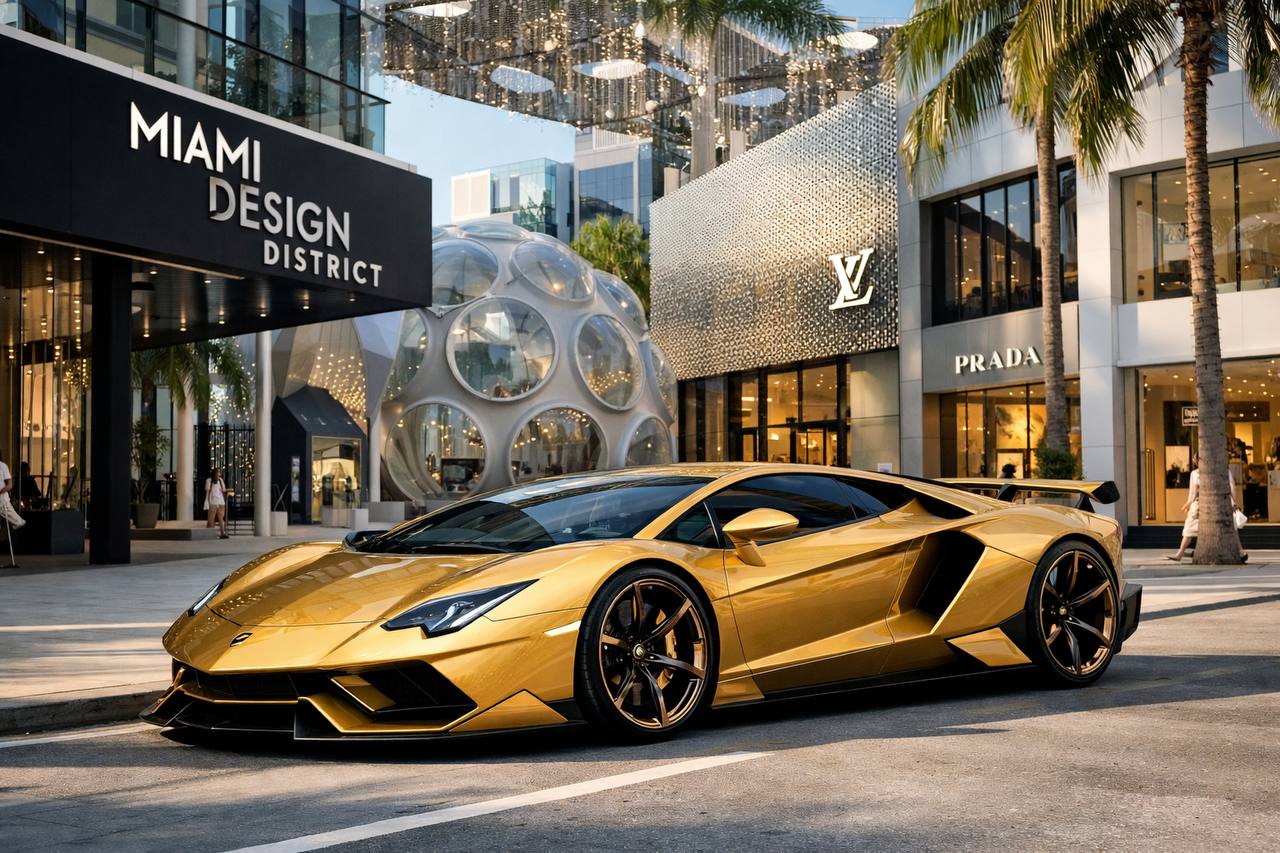 Gold Lamborghini parked in front of Miami Design District's modern architecture and luxury boutiques