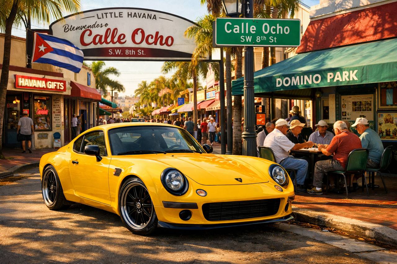 Bright yellow Porsche parked on Calle Ocho in Little Havana with Cuban street life and classic storefronts