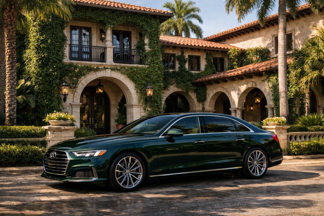 Dark green Audi sedan parked in front of a Mediterranean-style mansion in Coral Gables