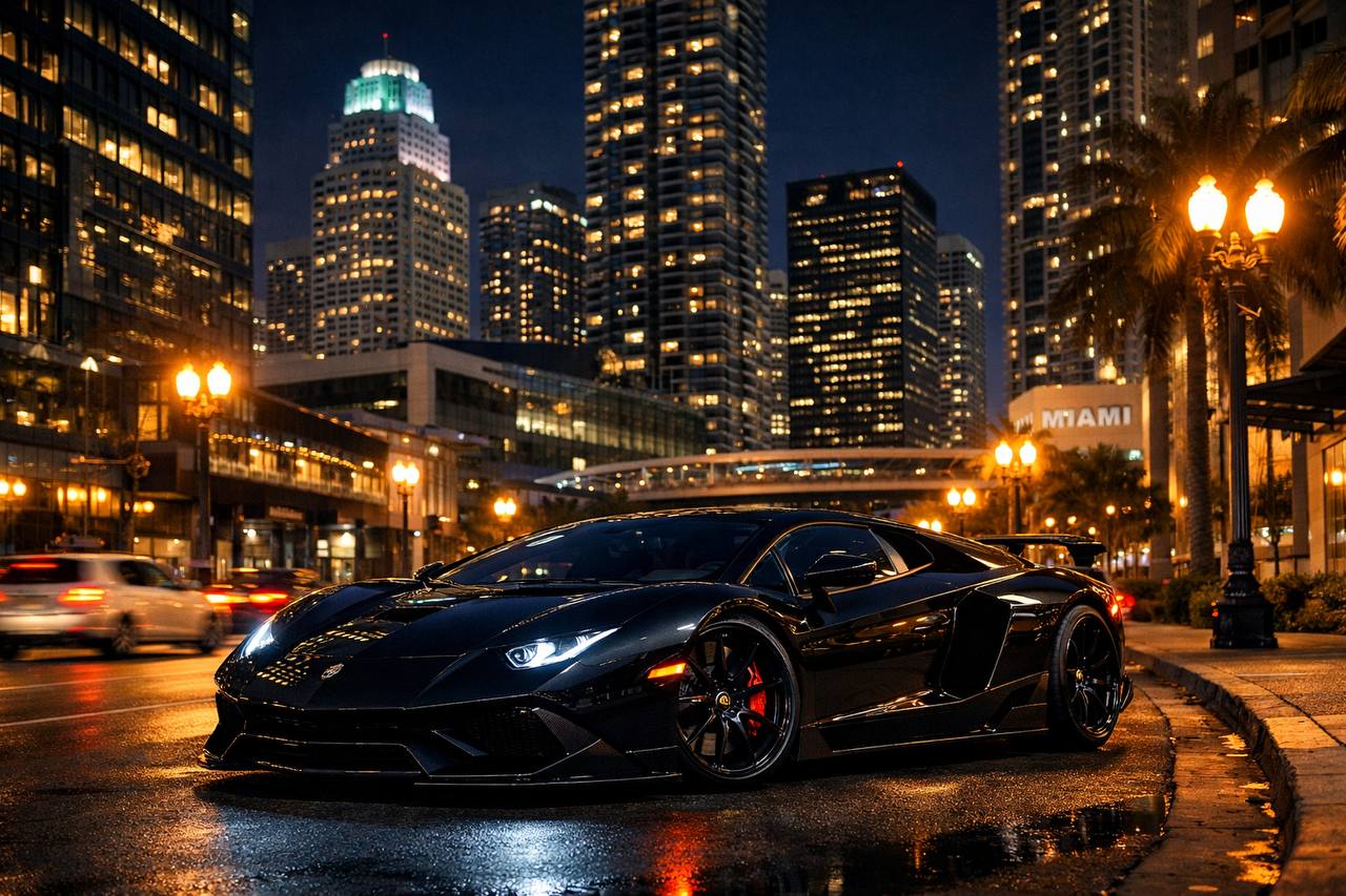 Black supercar parked on Miami downtown street at night with illuminated high-rise buildings