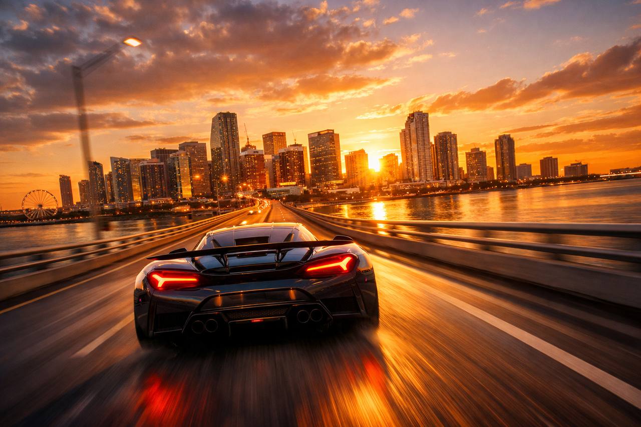 Black supercar driving on MacArthur Causeway at sunset over Biscayne Bay with Miami skyline