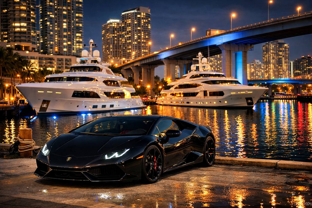 Black Lamborghini parked at Miami River waterfront at night with luxury yachts and illuminated buildings
