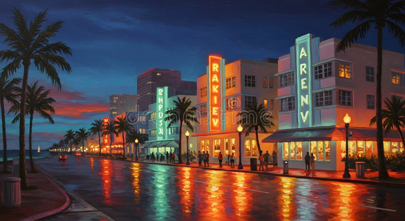 Exotic car on Ocean Drive Miami at night